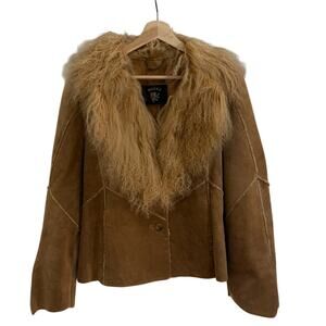 Vintage Guess Jacket Womens Large Tan Suede Leather Mongolian Fur Collar RARE